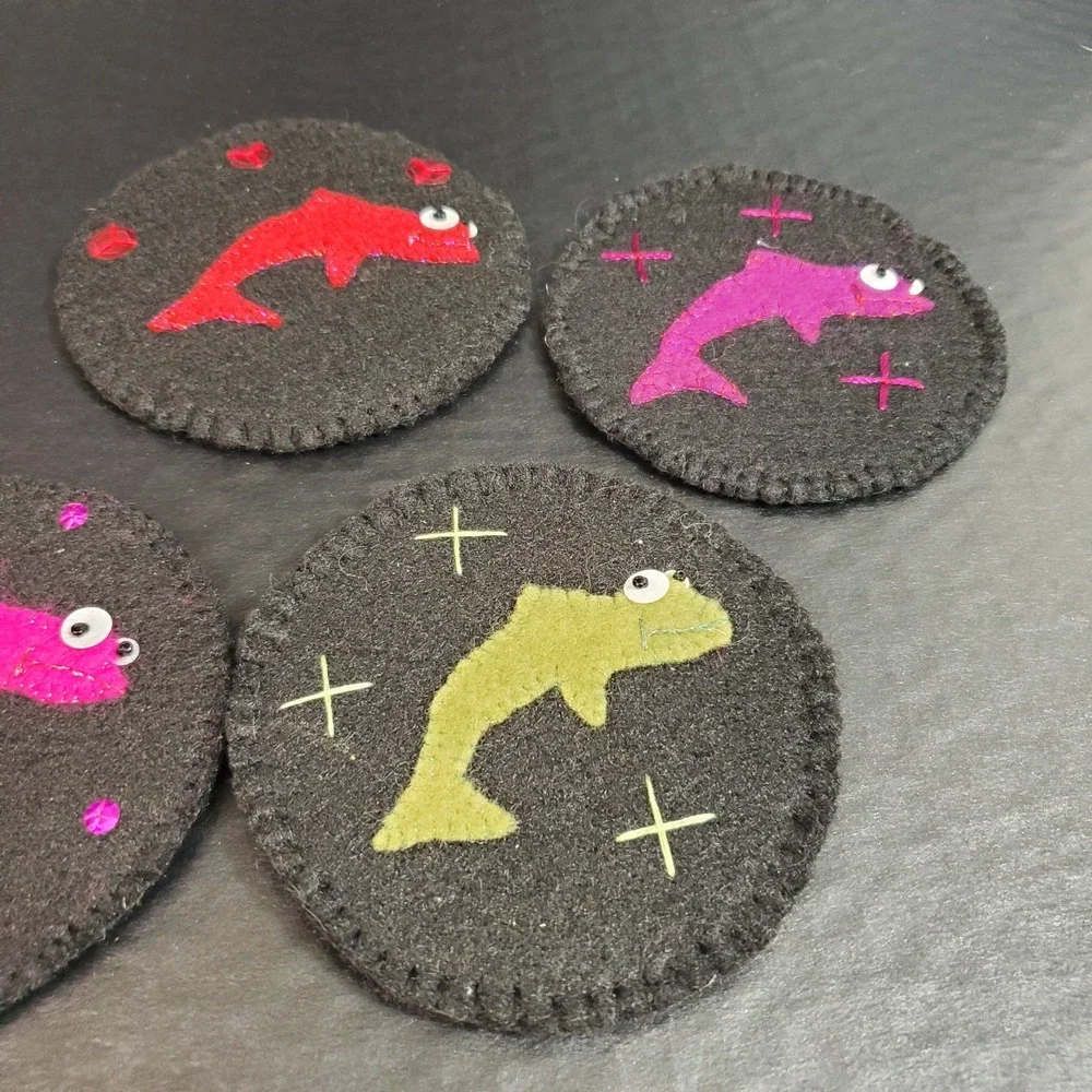 Set Of 6 Whimsical Felt Fish Coasters Black With Colorful Fish